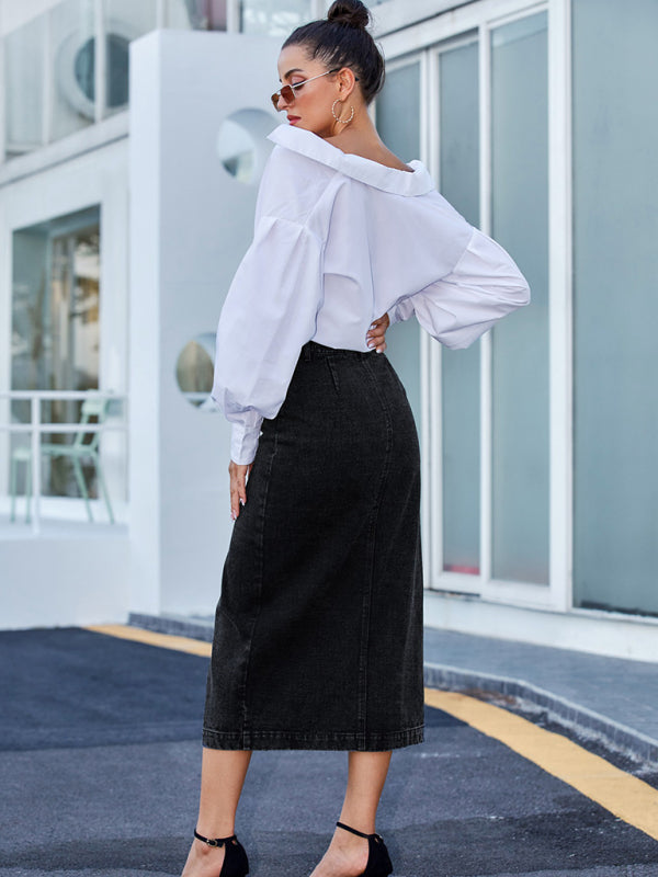 Women's Button Irregular Split Denim High Waist Skirt
