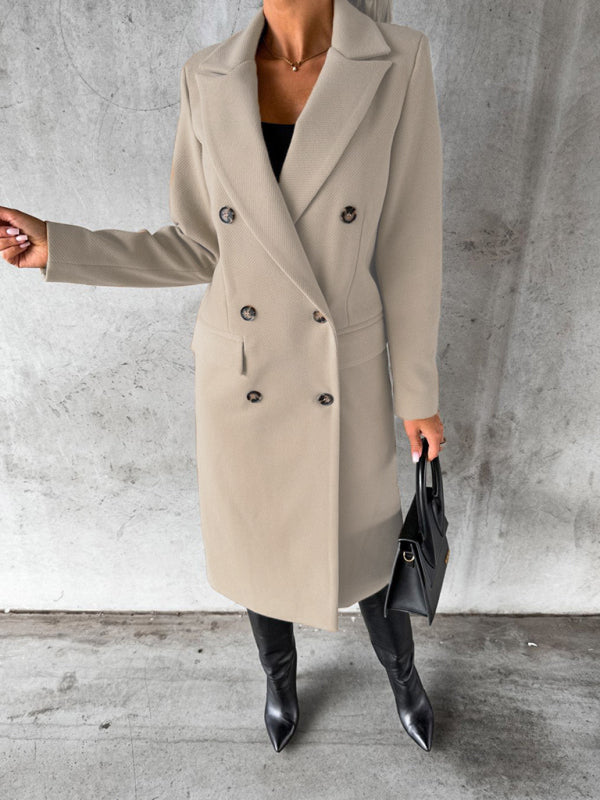 Women's Double Breasted Mid Length Button Closure Coat With Pockets