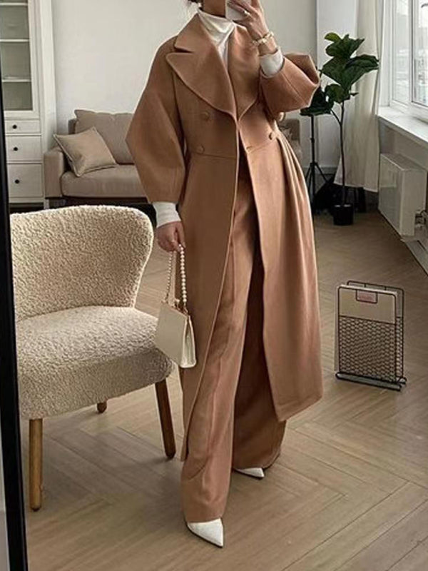 Women’s Long Statement Coat With Pleated Waist And Lantern Sleeves