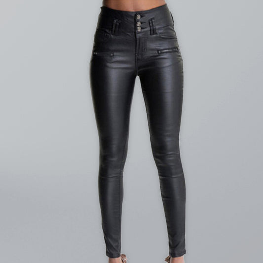 Women’s Black Faux Leather Exposed Button High Rise Fitted Trousers