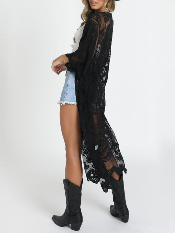 Embroidered Lace And Mesh Beach Cover Up