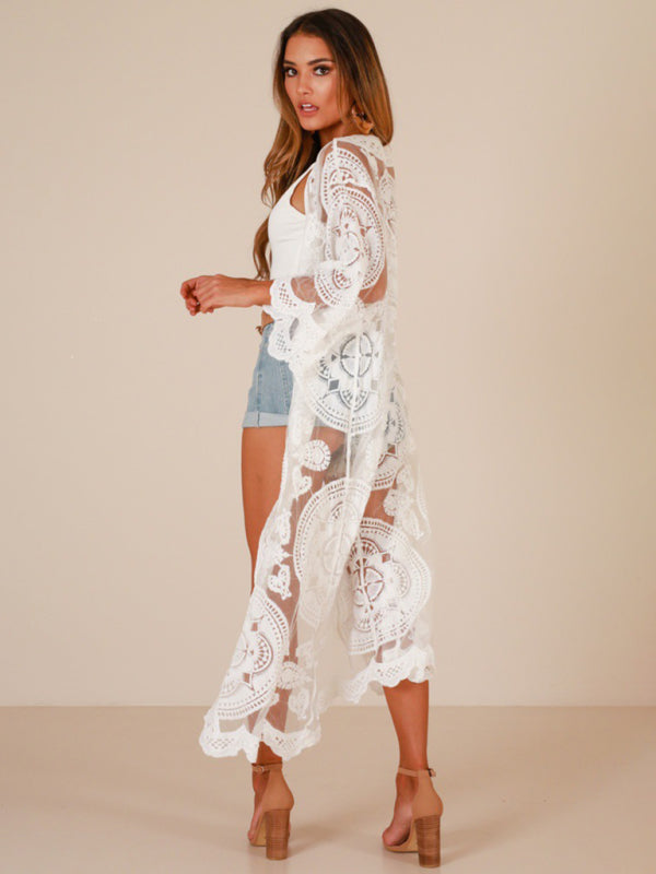 Embroidered Lace And Mesh Beach Cover Up
