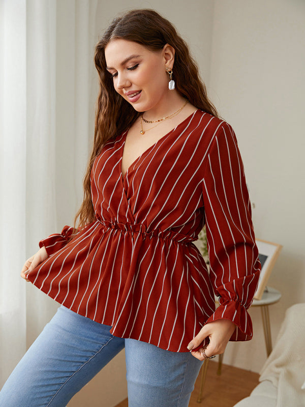 Women’s Plus Size Stripe Wrap Long Sleeve Top