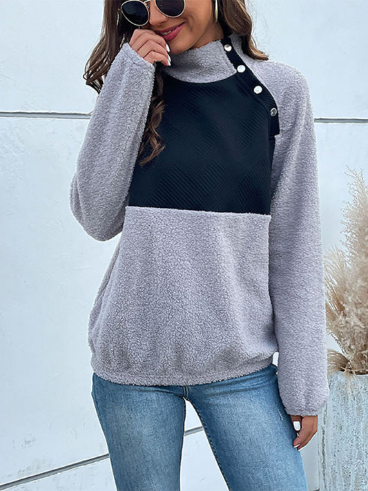 Women's High Pile Fleece Sweatshirt With Side Neck Button Fastening