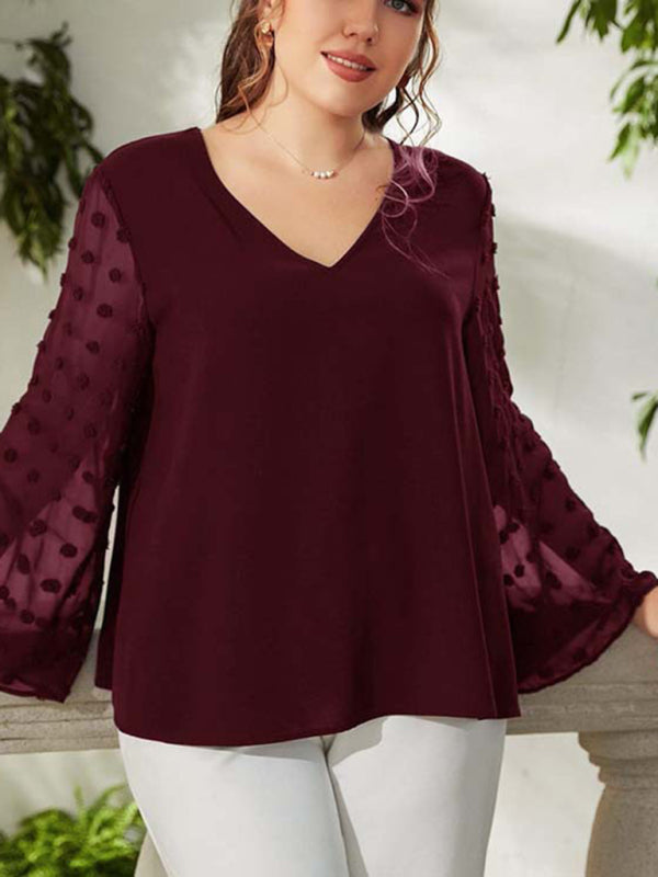 Women's Plus Size Solid Colour Blouse With Sheer Polka Pot Sleeves