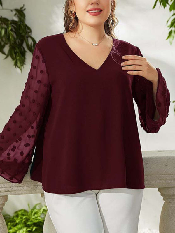 Women's Plus Size Solid Colour Blouse With Sheer Polka Pot Sleeves