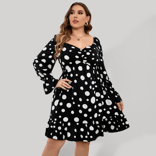 Women's Plus Size Sweetheart Neck Dot Print Ruched Puff Sleeve A Line Dress