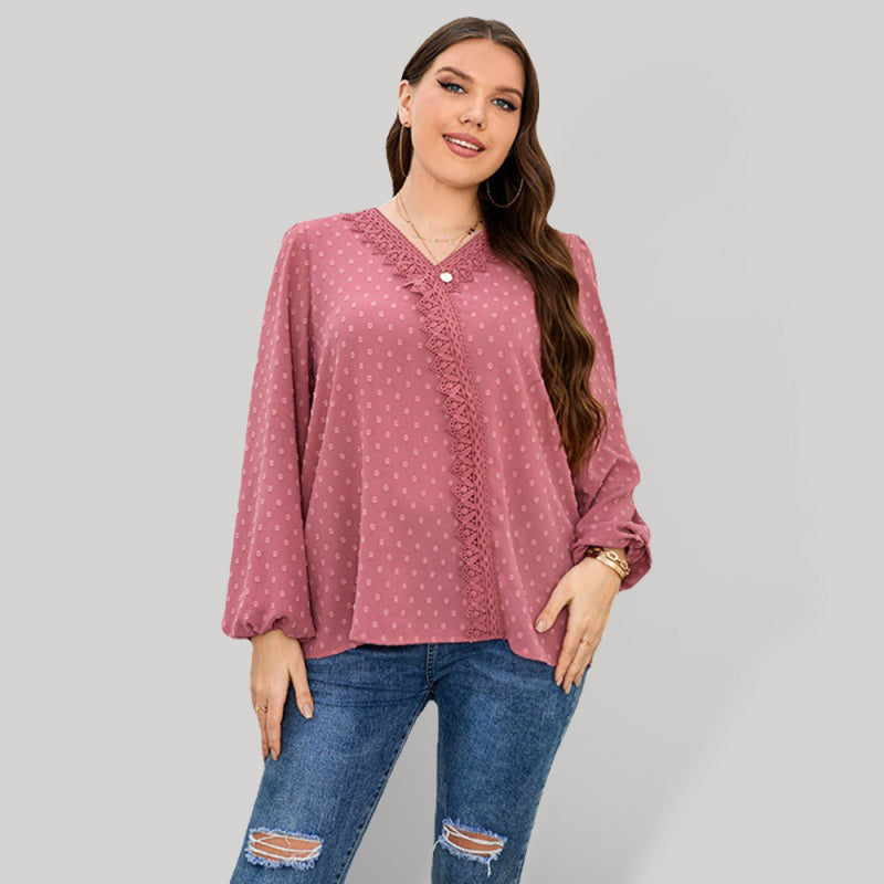 Women's Plus Size Lace Trim Dot Print Puff Sleeve Blouse
