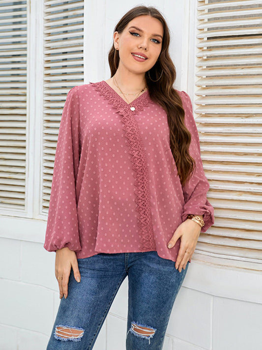 Women's Plus Size Lace Trim Dot Print Puff Sleeve Blouse