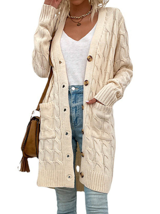 Women's Solid Colour Chunky Cable Knit Longline Button Front Cardigan