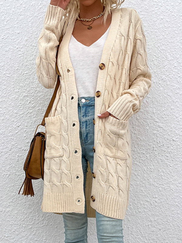 Women s Solid Colour Chunky Cable Knit Longline Button Front Cardigan Lotus Corner