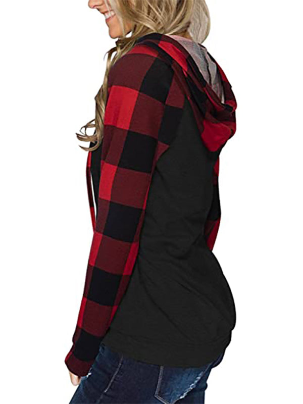 Women's Black Hoodie With Plaid Print Long Sleeves