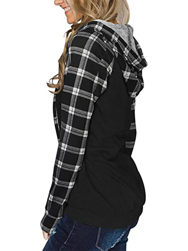 Women's Black Hoodie With Plaid Print Long Sleeves