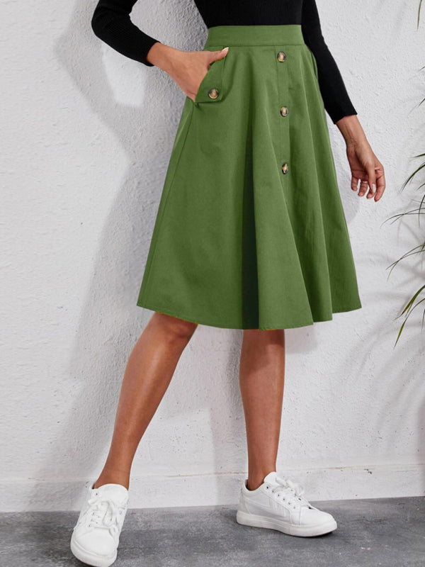 Women's Button Front Midi Length A Line Skirt