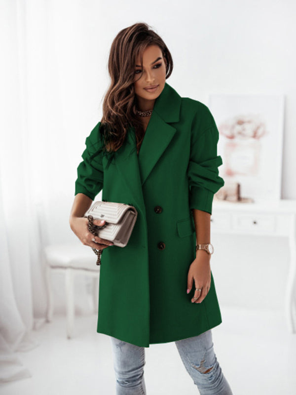 Women's Double Breasted Woolen Blend Mid Length Coat