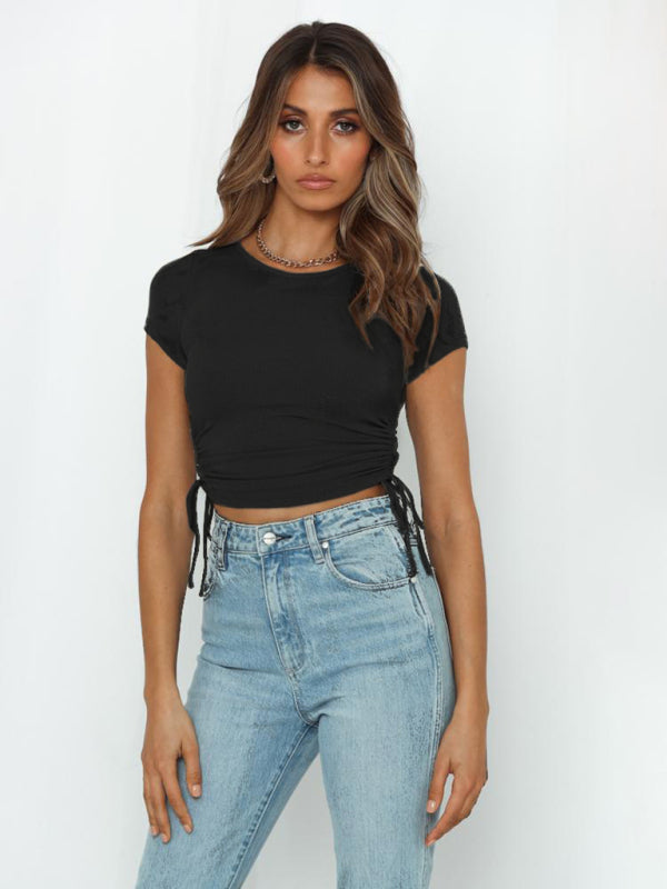 Women's Fashion Crop Top With Short Sleeve And Side Drawstring Feature