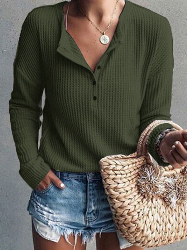 Women's Casual Ribbed Long Sleeve Top With Button Detail