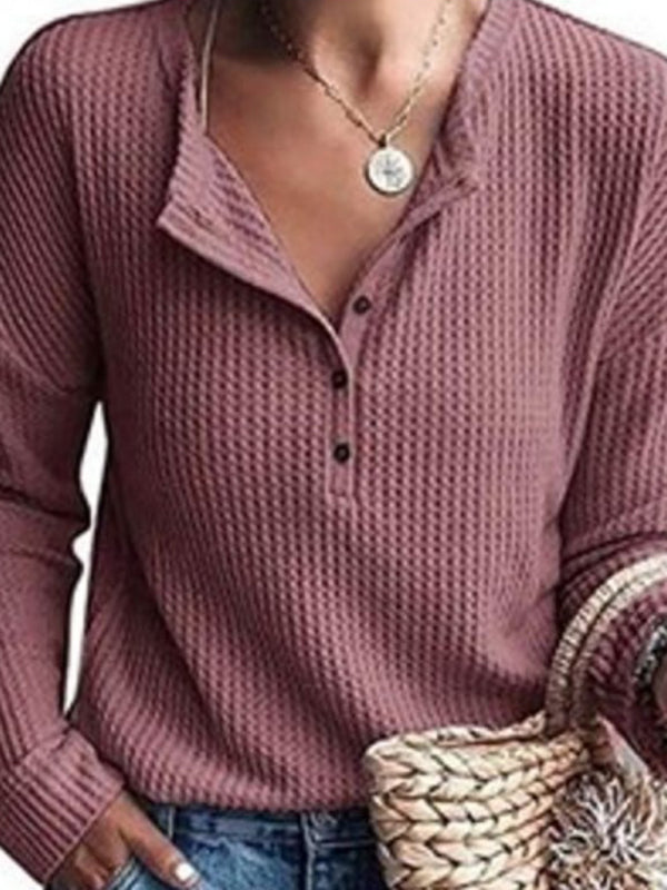 Women's Casual Ribbed Long Sleeve Top With Button Detail