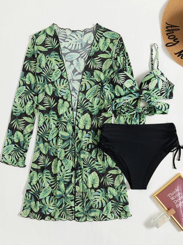 Women's Stylish Tropical Print Three Piece Bikini Set