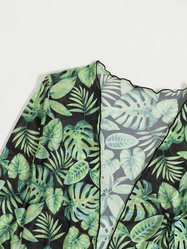 Women's Stylish Tropical Print Three Piece Bikini Set