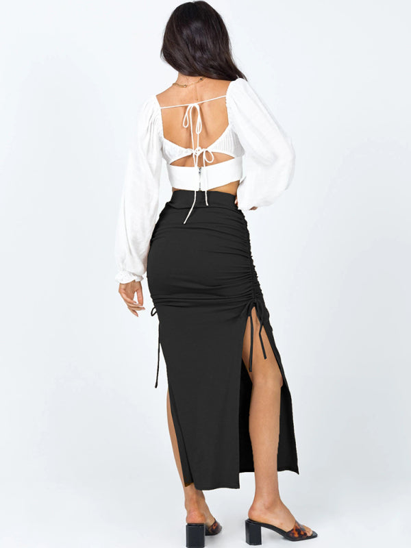Women's Side Ruched Drawstring Long Length Skirt