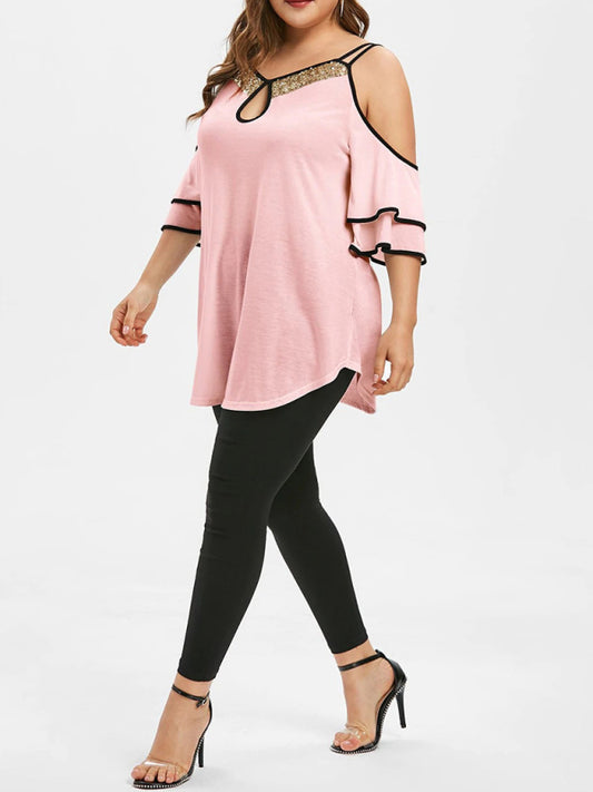 Women’s Plus Size V-Neck Cold Shoulder Flowy Top With Frill Detail