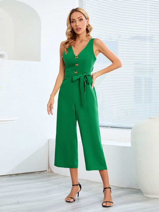 Women’s Sleeveless Crop Belted Jumpsuit With Front Button Detail