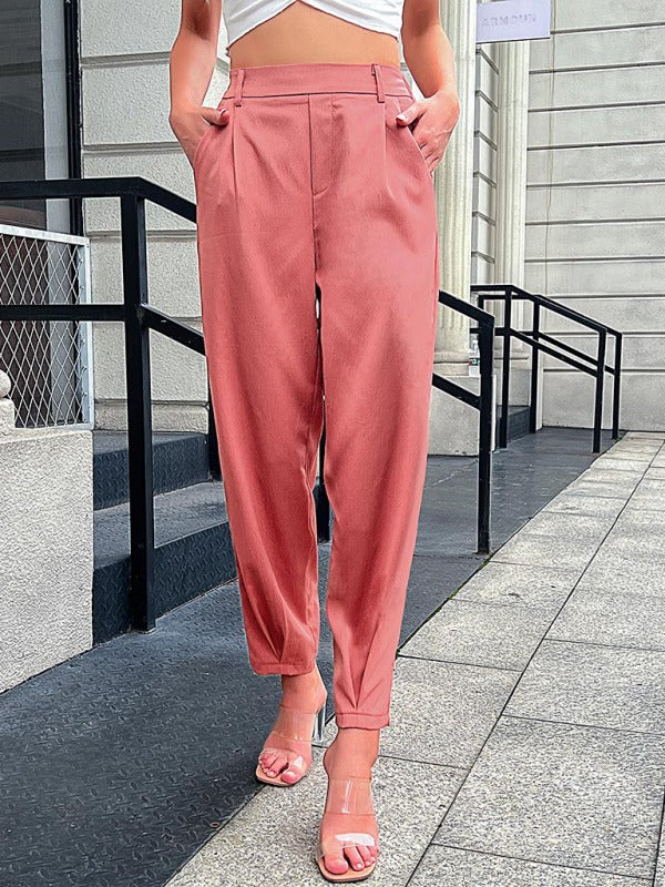Women’s Pink Straight Leg Turn Up Trousers With Elasticated Waist
