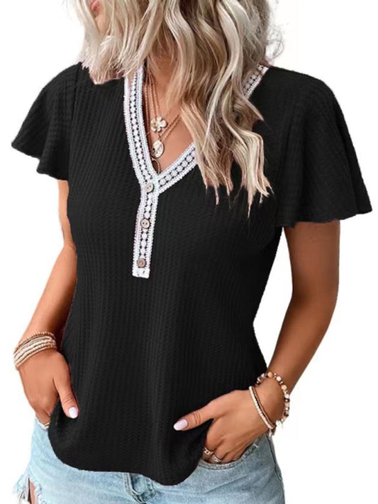 Women's Flutter Sleeve Waffle Knit Lace Trim Button Up Top