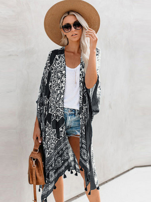 Women's Sexy Boho Print Beach Cover Up With Tassels