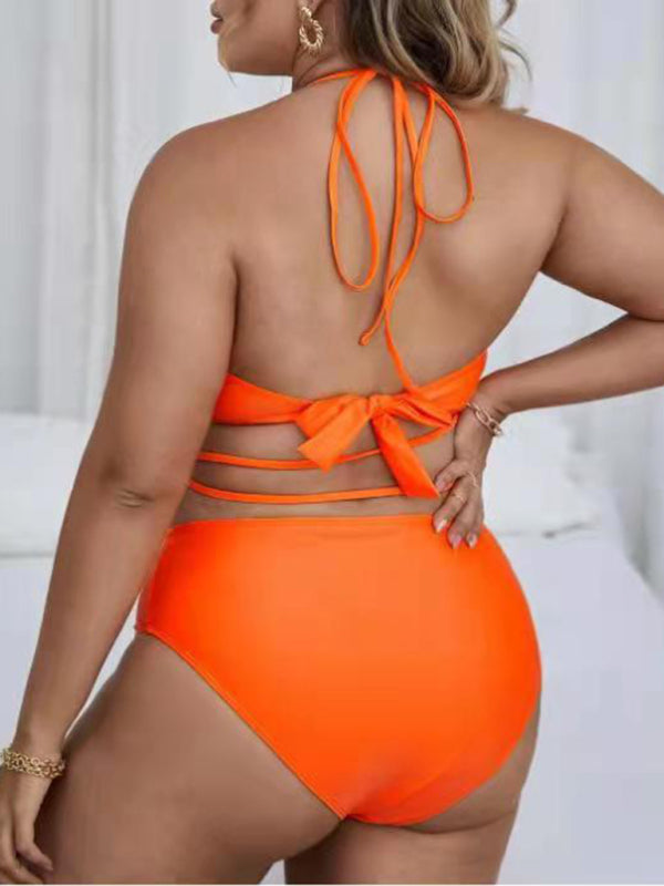 Womens Plus Size Halter Neck Backless Cross Strap Bikini Set