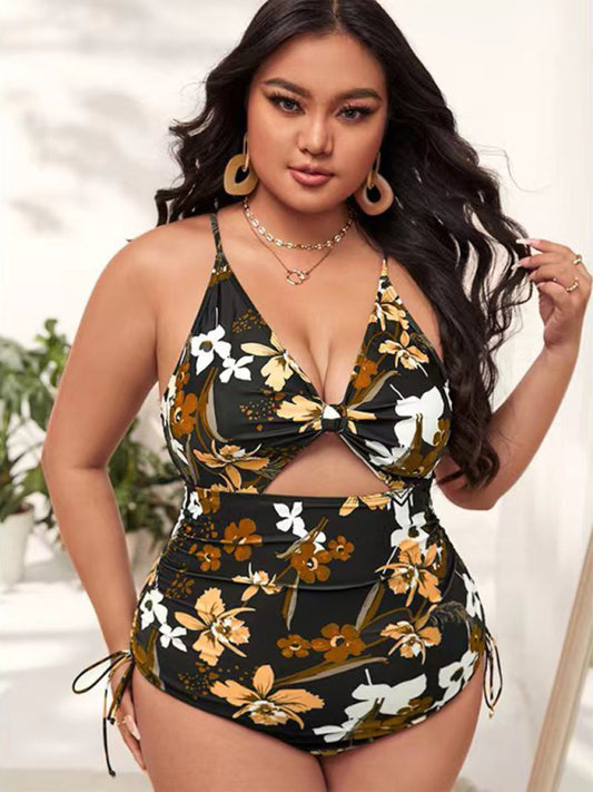 Women's Plus Size Printed Push Up One Piece Swimsuit With Cut Out Detail