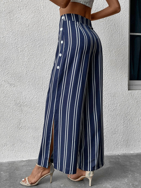 Women's Blue And White Stripe Wide Leg Trousers With Side Splits