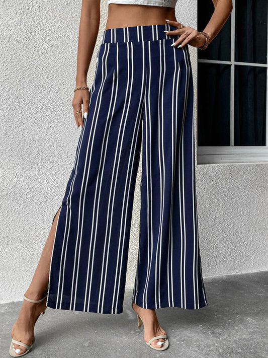 Women's Blue And White Stripe Wide Leg Trousers With Side Splits