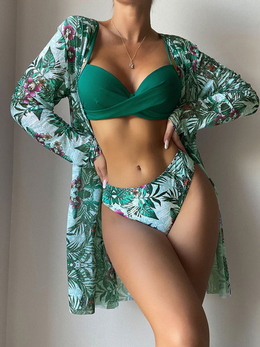 Women's Tropical Print Bikini With Matching Long Sleeve Kimono