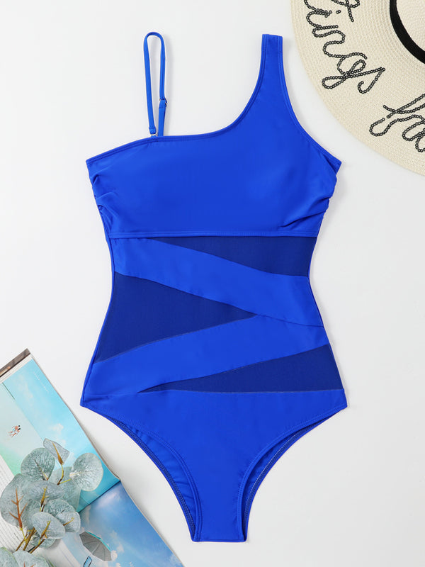Women's Splicing Gauze Swimsuit With Oblique Shoulder Design