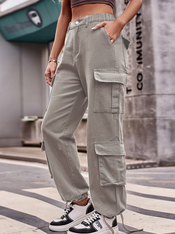 Women's Loose Fit Bottom Drawstring Cargo Trousers With Pockets