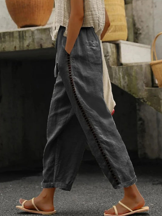 Women's Cropped Casual Linen Trousers With Stitching Detail