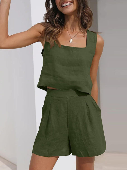 Women's Shorts, Solid Colour Casual Cotton Linen Sleeveless Square Neck Top And Shorts Two-Piece Set