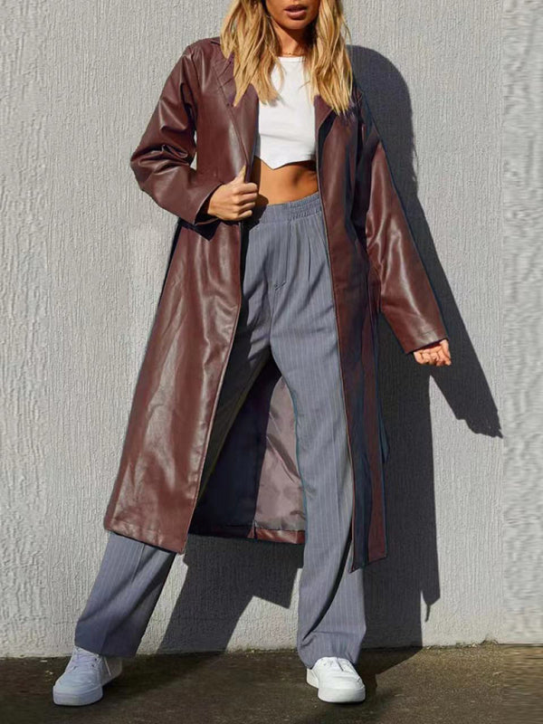 Women's Long Length PU Leather Coat