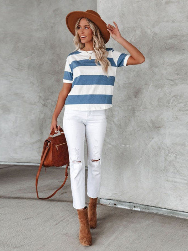 Women's Blue And White Stripe Round Neck Short Sleeved T-shirt