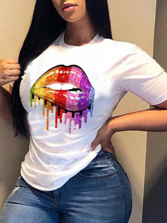 Women's Vibrant Lip Motif Printed Round Neck T-Shirt