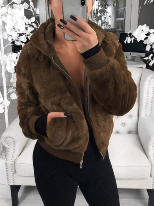 Women's Faux Fur Zip Up Coat With Hood