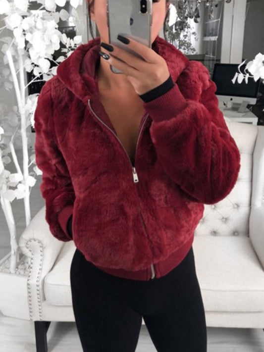 Women's Faux Fur Zip Up Coat With Hood
