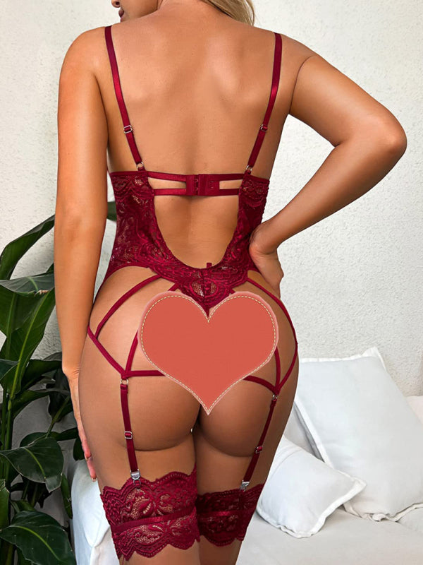 Women's Sexy Lace Bodysuit Including Matching Thong And Suspenders