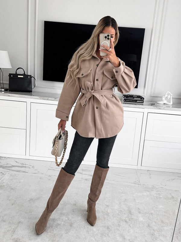 Women's Double Breasted Button Up Woolen Coat With Matching Belt