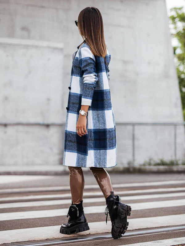 Women's Mid Length Double Breasted Plaid Print Woolen Coat