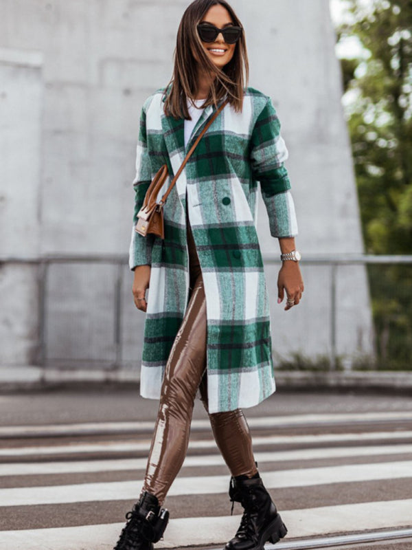 Women's Mid Length Double Breasted Plaid Print Woolen Coat
