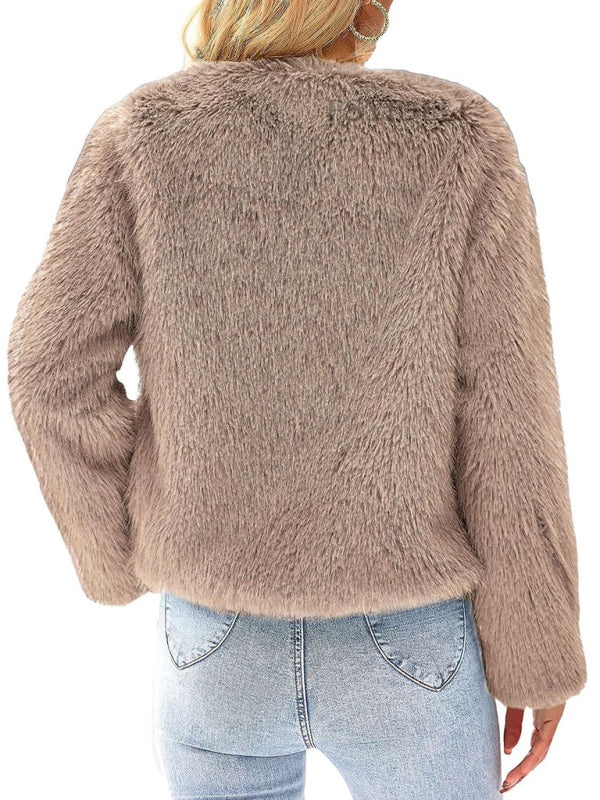 Women's Collarless Open Front Waist Length Fur Coat