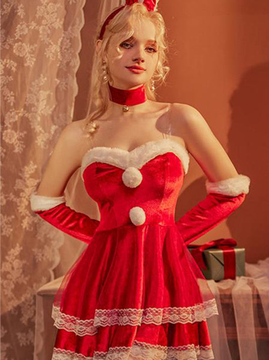 Women's Sexy Santa Velvet and Lace Lingerie Christmas Dress Set
